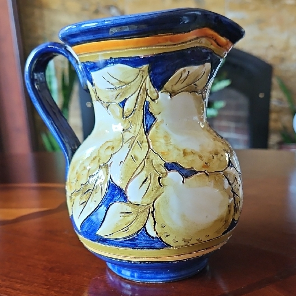 Vintage Italian Majolica Sgraffito Ceramic Pitcher - Handpainted Firenze Italy